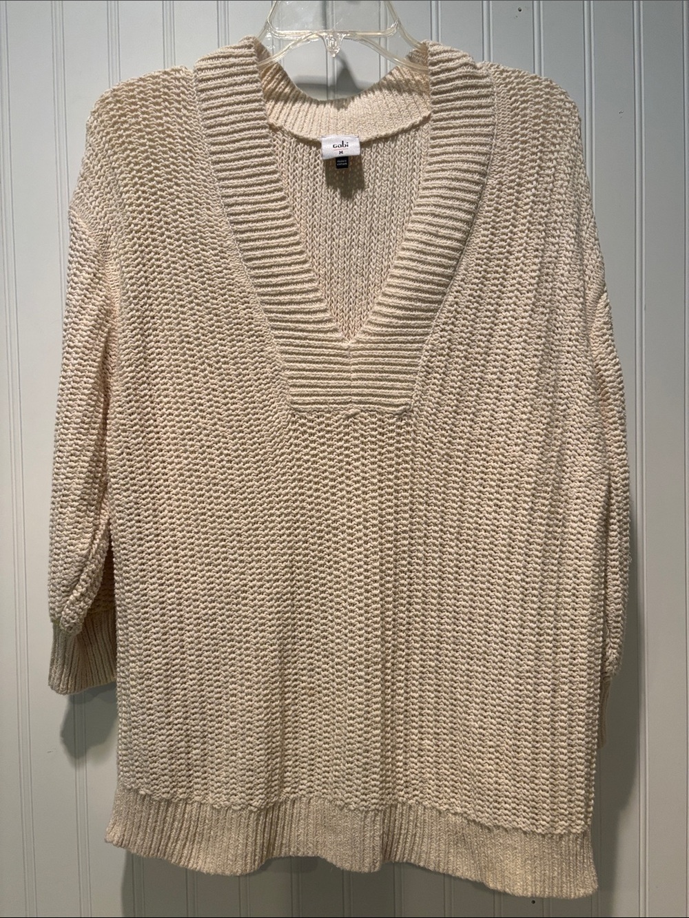 CAbi Croquet Cotton V-Neck Cream Pullover Chunky Knit Sweater Sz M
